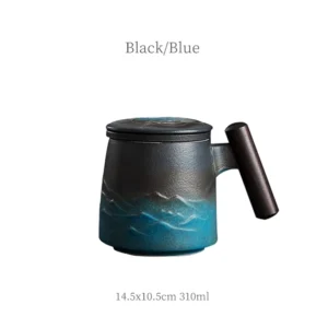 black blue gradient ceramic tea infuser mug with mountain relief and wood handle