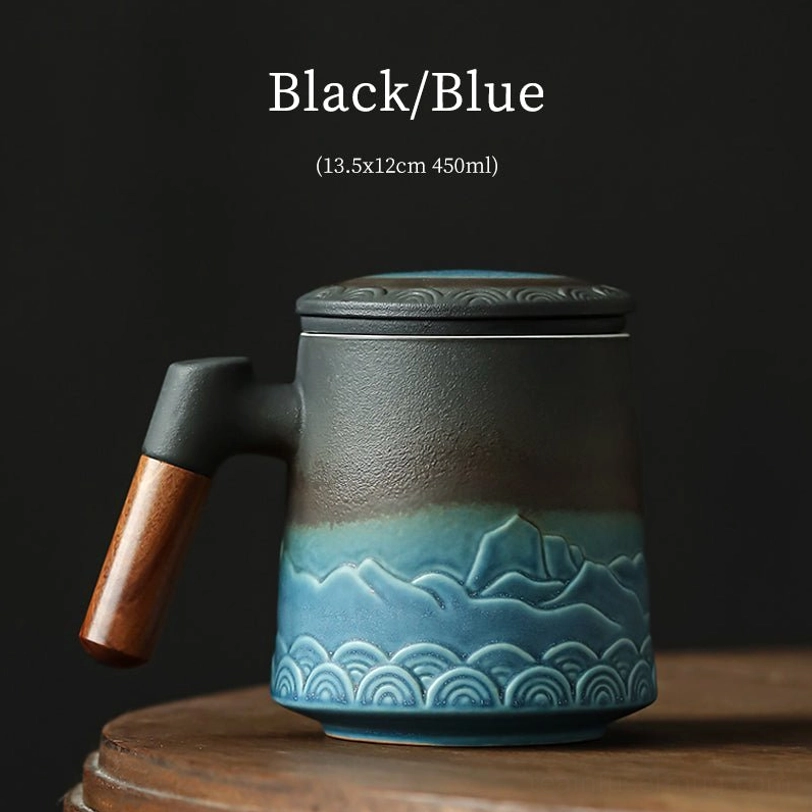 black-blue gradient ceramic tea infuser mug with mountain wave relief design