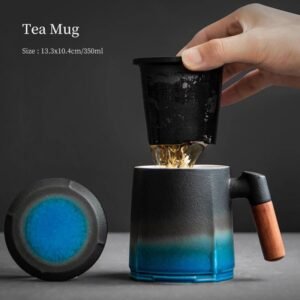 full set black blue gradient ceramic tea mug with infuser and lid