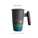 black and blue gradient ceramic tea infuser mug with lid and wood handle