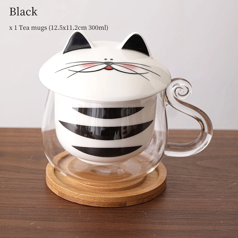 black cat glass tea infuser mug full set with infuser lid and coaster