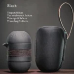 Black ceramic 150ml travel tea set with brown leather handle hard case