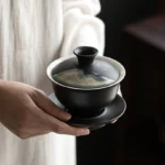 black ceramic gaiwan tea cup 170ml with landscape lid