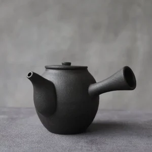 12oz black ceramic kyusu teapot with built-in infuser side view