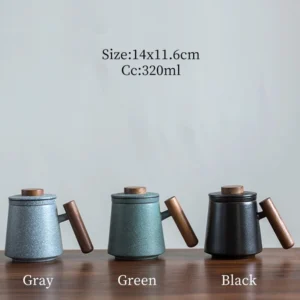 11oz black ceramic tea infuser mug with built-in strainer wooden handle and lid