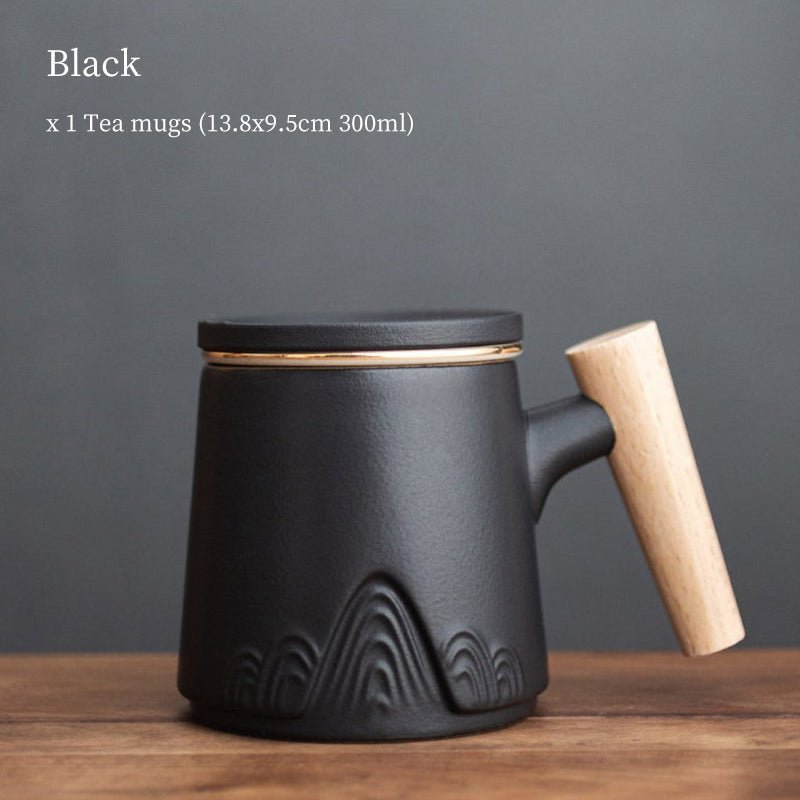 black new chinese ceramic tea mug with infuser and lid full view