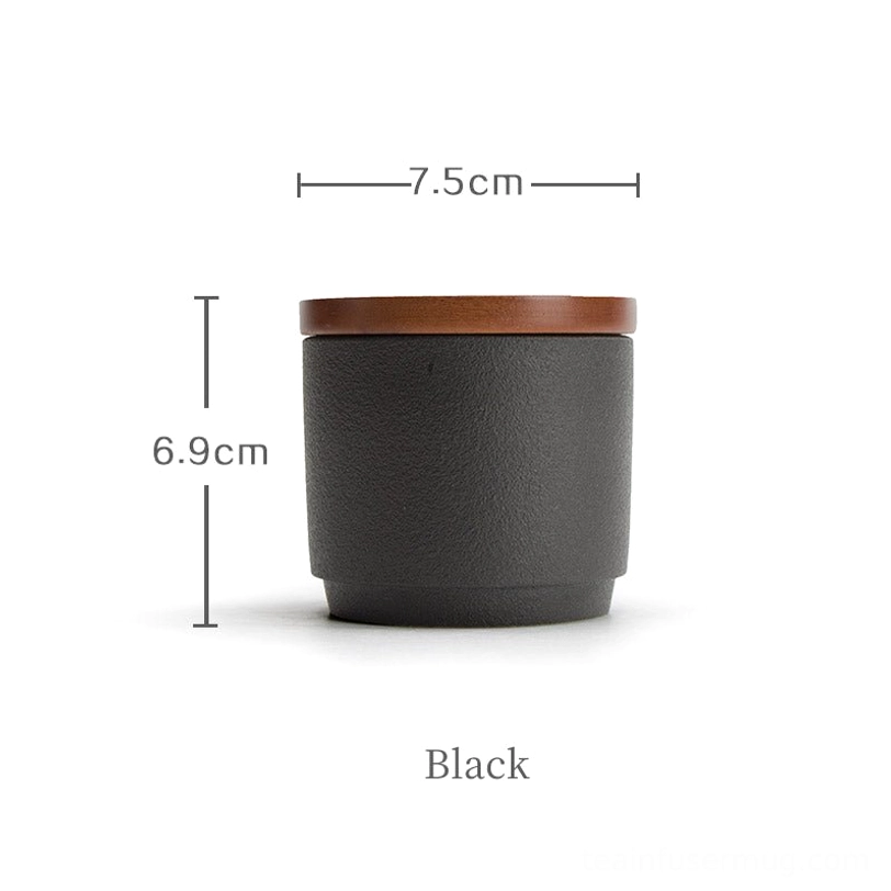 Black matte ceramic tea storage canister with solid wood lid size comparison