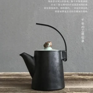 side view 250ml black ceramic teapot with metal handle and natural stone lid knob