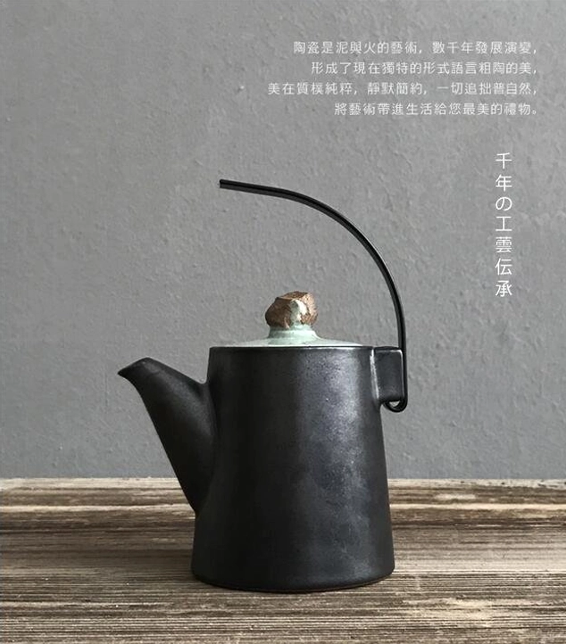 side view 250ml black ceramic teapot with metal handle and natural stone lid knob