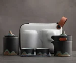 Black ceramic complete travel tea set with mountain landscape design