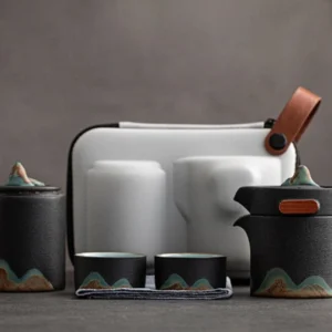 Black ceramic complete travel tea set with mountain landscape design