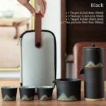 Black 150ml ceramic travel tea set complete with teapot, teacups, pitcher and travel bag