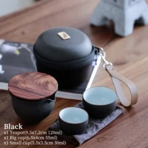 Black 120ml ceramic travel tea set full set with carrying case