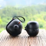 170ml black ceramic travel tea set full set displayed outside carrying case
