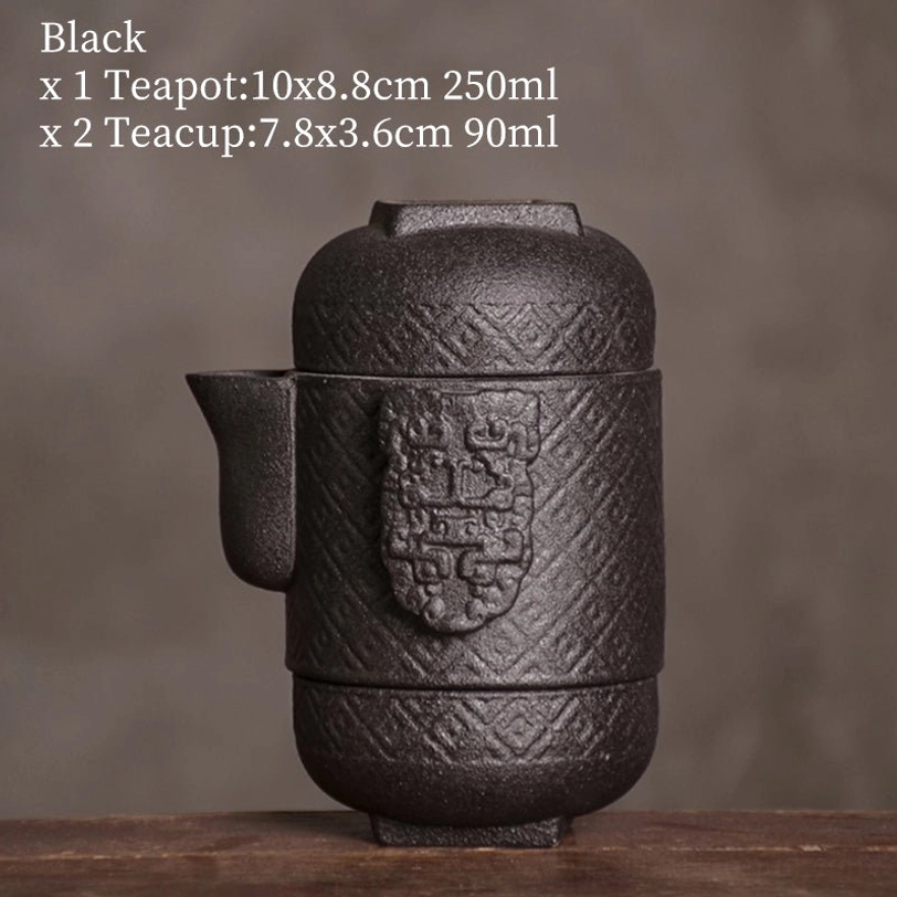 black ceramic travel tea set 1 teapot 2 teacups retro design
