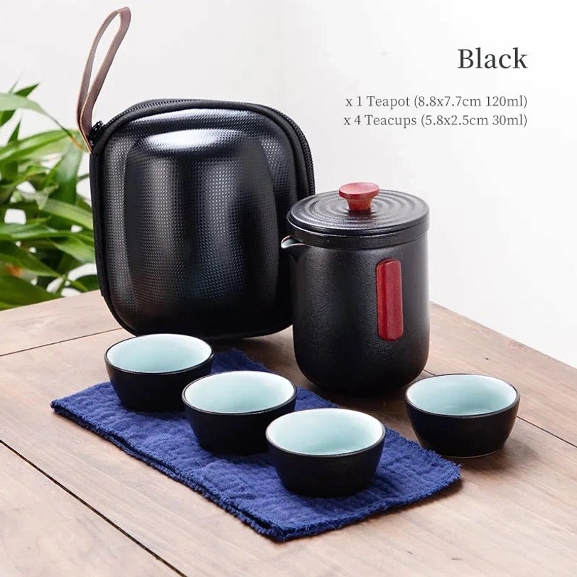 black matte 120ml ceramic travel tea set with carry case