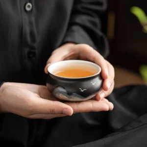 black ceramic chinese tea cup 140ml with landscape ink painting