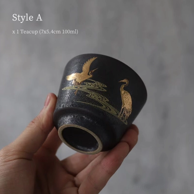 style a black clay golden crane chinese tea cup side view