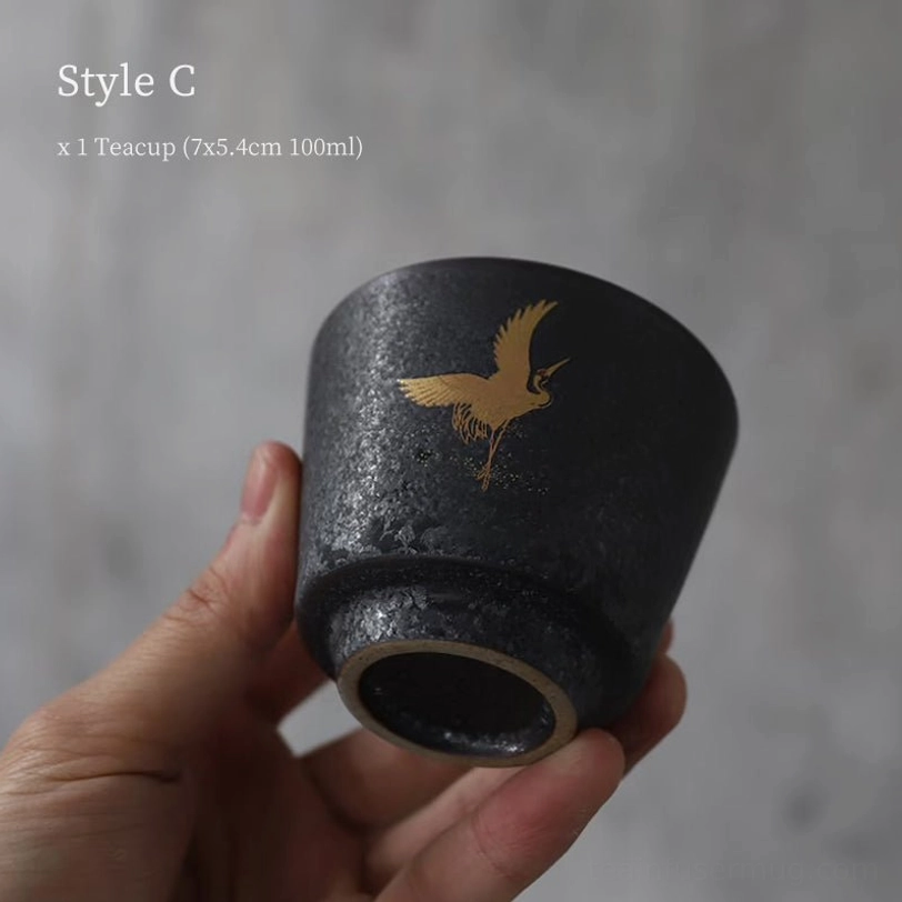 style c black clay golden crane chinese tea cup front view