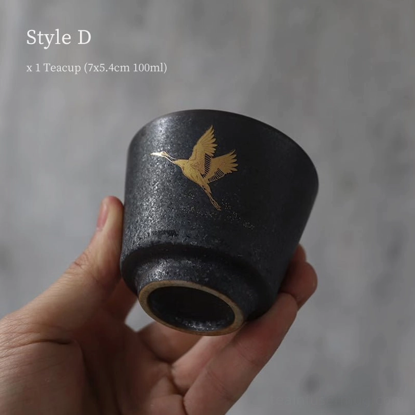 style d black clay golden crane chinese tea cup close up