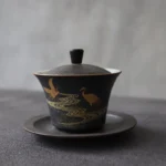 full set of 130ml black gold crane sancai gaiwan with lid and saucer