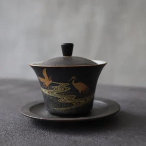 full set of 130ml black gold crane sancai gaiwan with lid and saucer