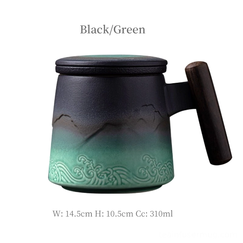 Black and green gradient ceramic tea infuser mug with heatproof wooden handle