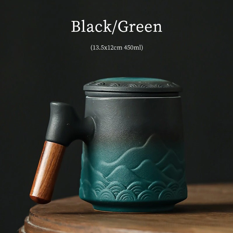 black-green gradient ceramic tea infuser mug with mountain wave relief design