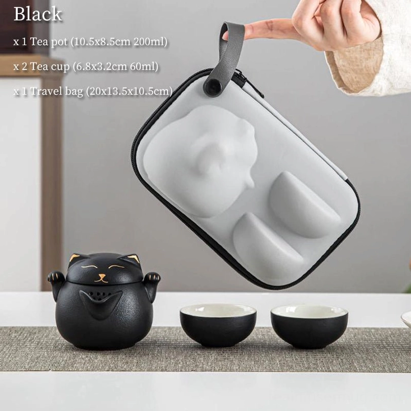 black color variant lucky cat ceramic travel tea set
