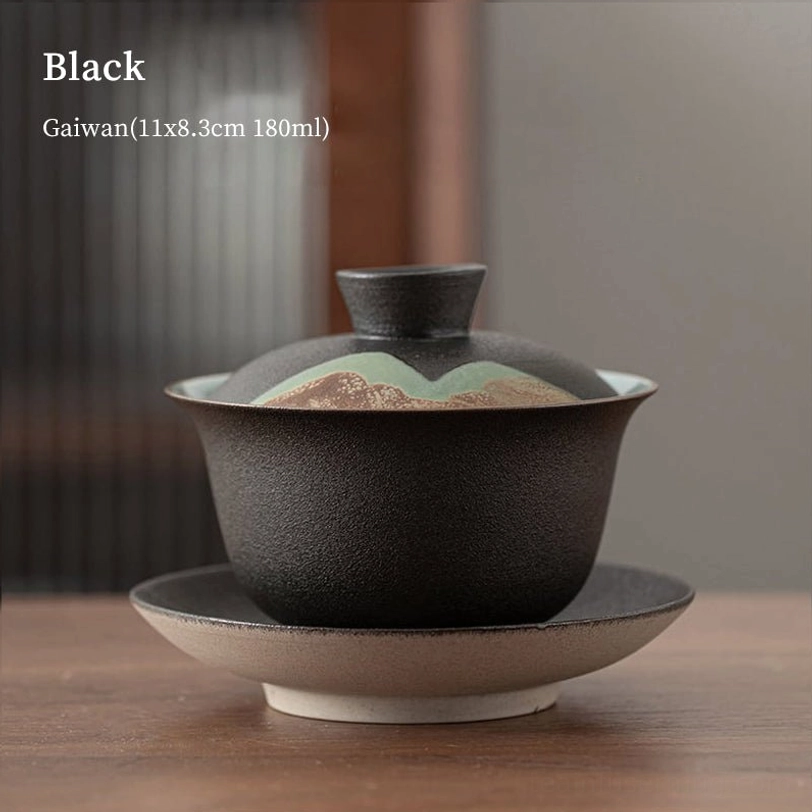 black matte ceramic gaiwan with landscape detailing