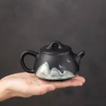 220ml black ceramic teapot with mountain landscape design full product view