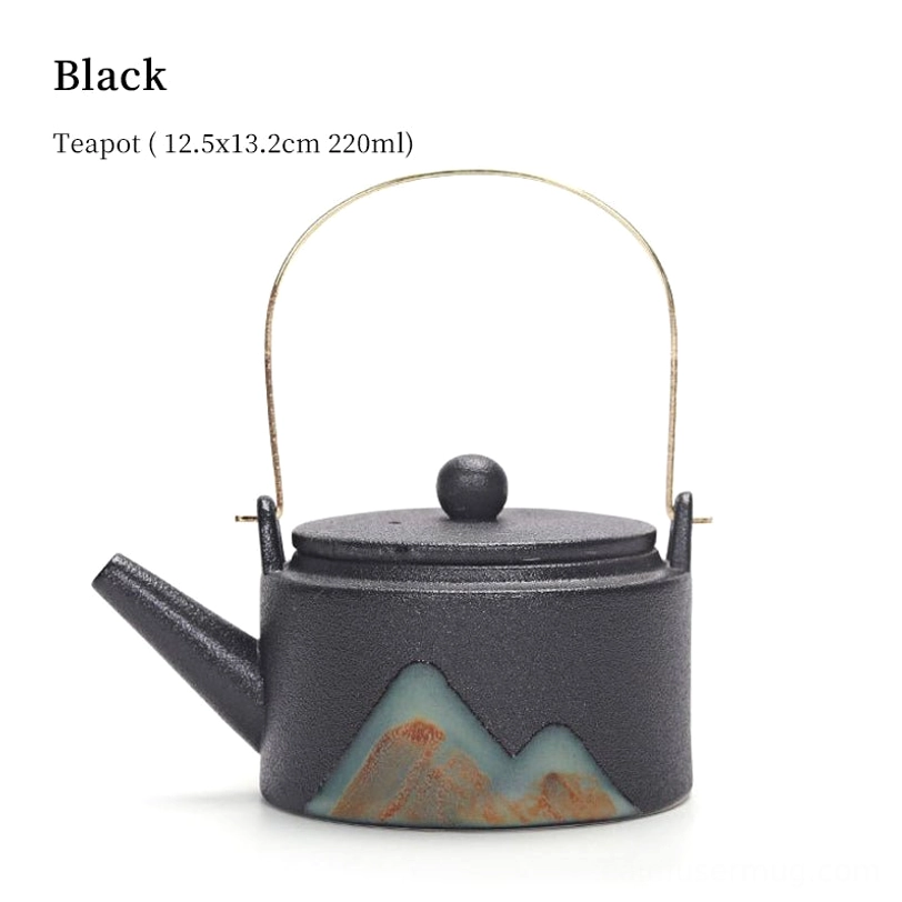 black mountain motif ceramic teapot with metal handle