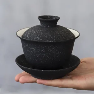 full set view of black speckled ceramic 150ml gaiwan tea cup
