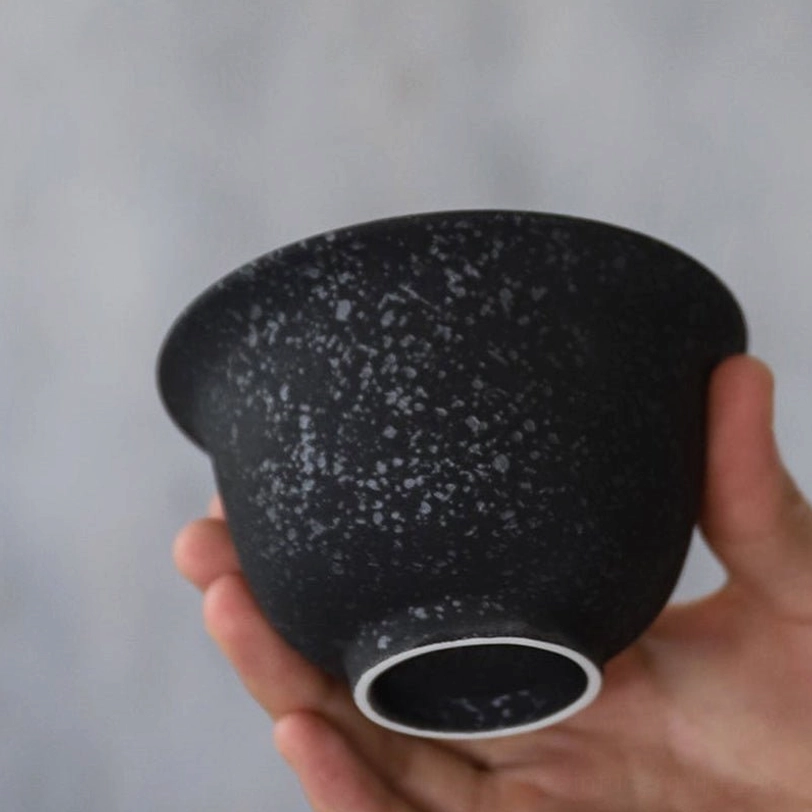 side profile of black speckled 150ml gaiwan tea cup showing three-piece structure