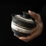 200ml black striped ceramic gaiwan tea cup front view