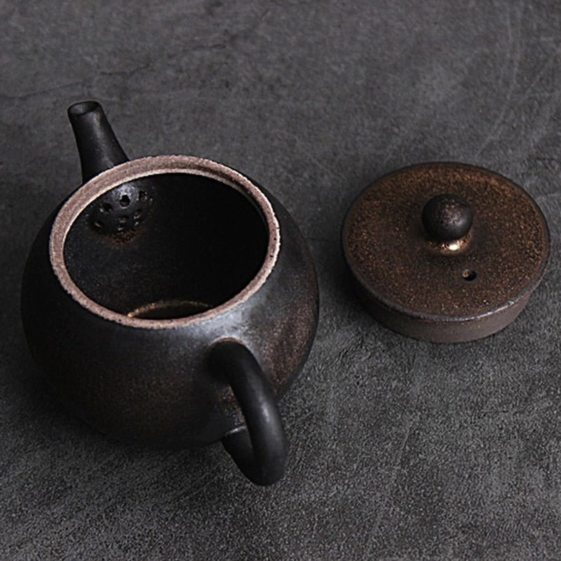 close up of built-in infuser filter in 150ml black teapot