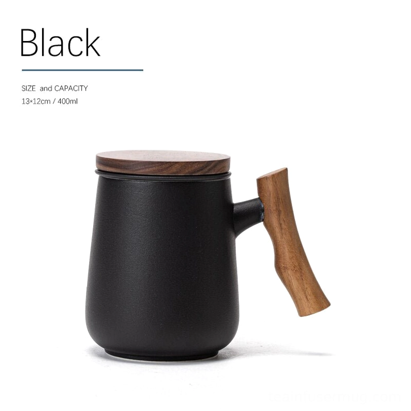 black color variant of ceramic tea infuser mug with wooden handle