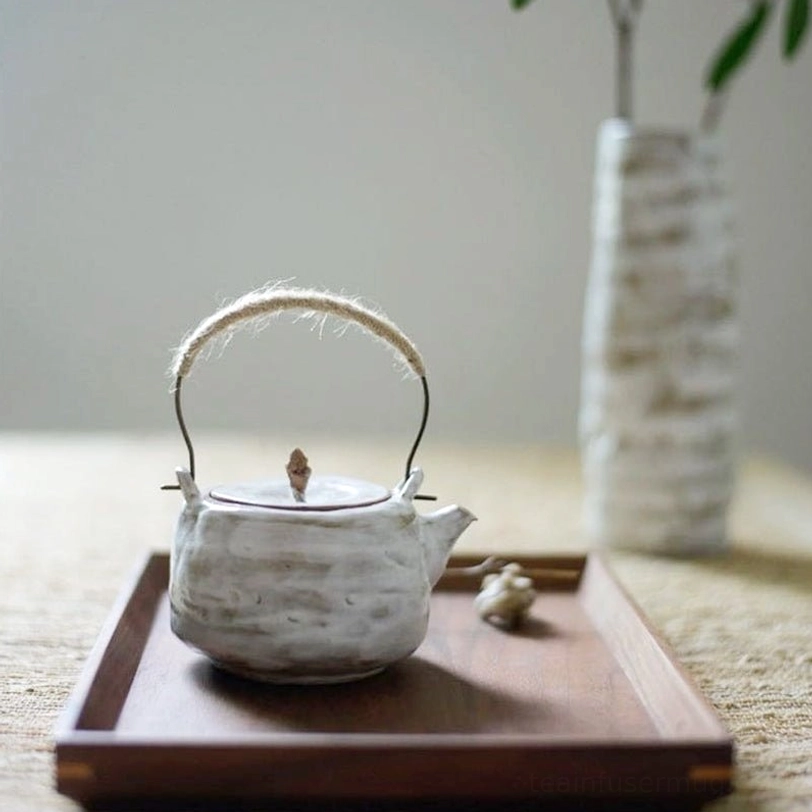Black wabi-sabi ceramic teapot with built-in filter close up of spout