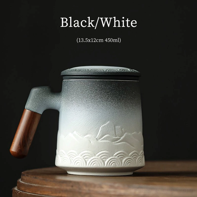 black-white gradient ceramic tea infuser mug with mountain wave relief design