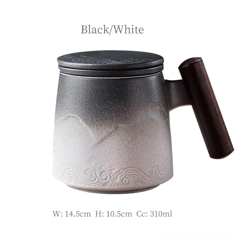 Black and white gradient ceramic tea infuser mug with traditional embossed pattern