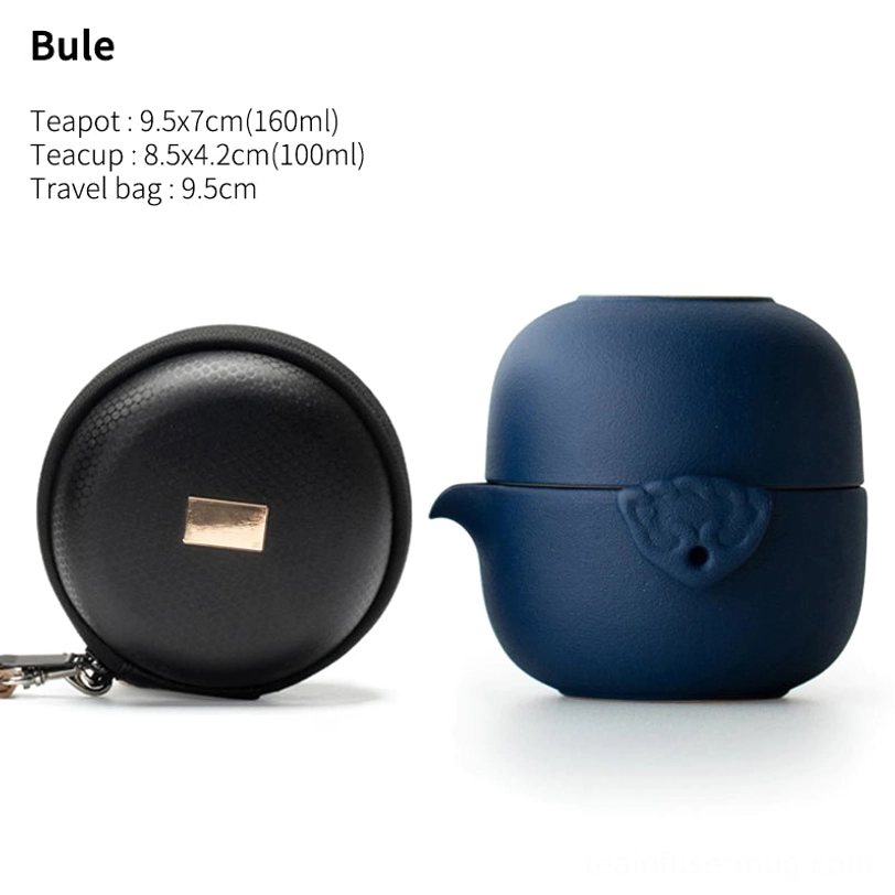 Blue 160ml ceramic travel tea set open showing teapot and teacup