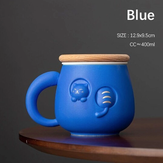 blue 3d cat ceramic tea infuser mug with infuser and wood lid