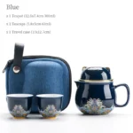 blue 300ml ceramic travel tea set with cute cat lid full view