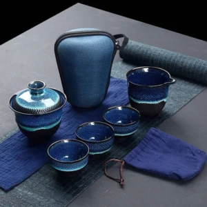 complete blue kiln change ceramic travel kung fu tea set in open bag