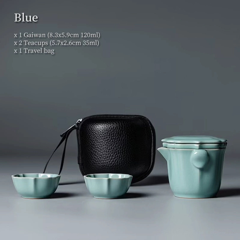 full closed blue travel tea set in protective carrying bag
