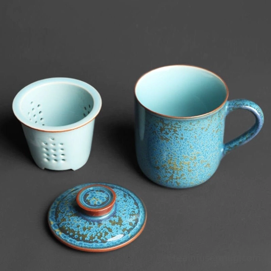 full view 13oz blue gold speckled ceramic tea infuser mug with lid