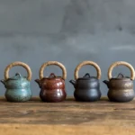 full view of 270ml blue gourd ceramic teapot with hemp handle