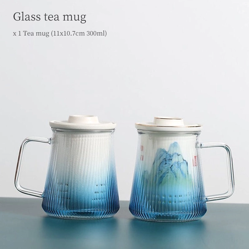 front view of 10oz blue gradient glass tea infuser mug with ceramic filter