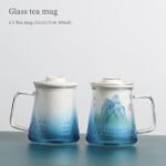 front view of 300ml blue gradient glass tea mug with ceramic infuser
