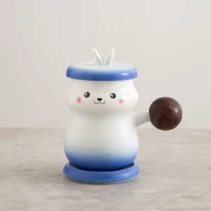 Blue gradient rabbit ceramic tea infuser mug with wooden handle and lid